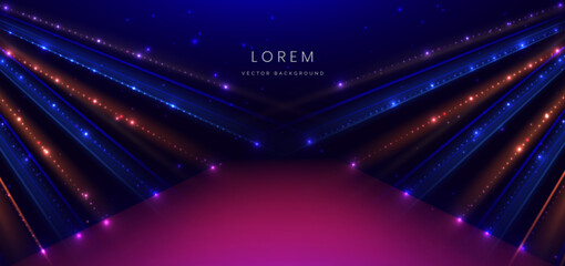 Wall Mural - abstract technology futuristic glowing lines neon blue and orange light ray on dark blue background 