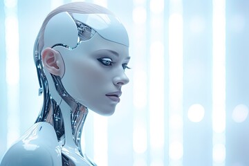 Poster - Silver-white humanoid female robot.