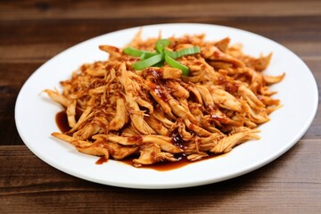 Poster - shredded chicken tossed in bourbon bbq sauce on a white plate