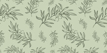 Seamless Patterns With Olive Branch In Modern Minimal Liner Style. Vector Floral Backgrounds For Wedding Invitations, Greeting Cards, Print On Fabric, Wallpapers, Scrapbooking, Gift Wrap And More