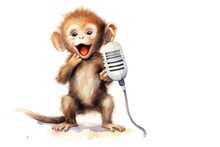 Cartoon Watercolor Monkey With Microphone On White Background