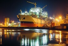 Night Shot Of A Shipbuilding Yard Lit Up, With Cargo Ship In Progress