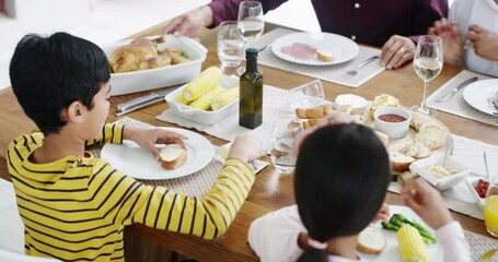 Poster - Morning, big family and talking during breakfast at a table with conversation, care and bonding. Happy, above and grandparents eating food, lunch or dinner with children with communication in a house