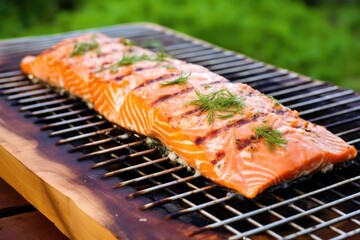 Wall Mural - freshly cooked salmon on cedar plank with grill marks