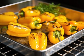 Poster - golden-grilled bell peppers on a stainless steel tray