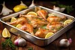 chicken legs in garlic butter in a silver roasting pan