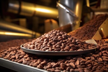 a bowl filled with cocoa beans against conveyor belts in background