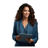 Fototapeta  - smiling woman standing holding and starring at her ipad , she is wearing a blue suit isolated on transparent background