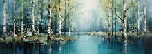 Acrylic Painting With Birch Trees In Blue Water