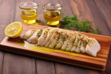 Wall Mural - fish fillet with marinade on a wooden serving tray