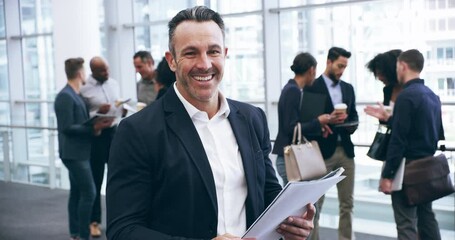 Aufkleber - Smile, documents and a mature business man in an office for a workshop, seminar or convention. Portrait, paper or upskill development with a corporate manager in a professional workplace for training