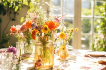 Wall Mural - floral decorations on a sunlit party table