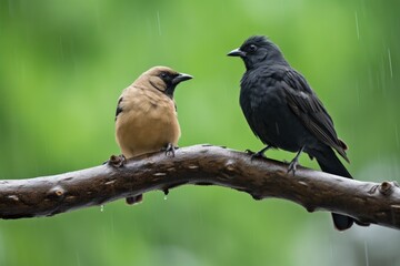 Wall Mural - dove and crow on a branch, both under an umbrella