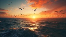 Flock Of Birds In Bird Formation Flying Above Sea.Sunset. Digital Composite
