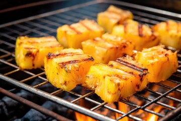 Wall Mural - roasting pineapple chunks in grill basket on bbq