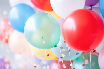 closeup of a birthday party invitation with colorful balloons