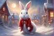 © Ahsan - white fluffy bunny wearing a Christmas dress with red cap in a snow, blurry background with beautiful season.
