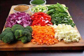 Wall Mural - vegetables cut with precision on a wooden board