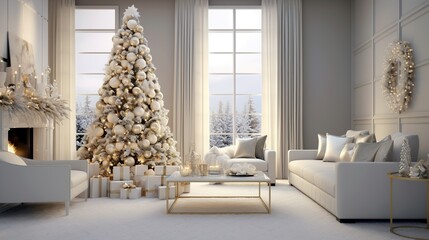 Wall Mural - luxurious and spacious modern white living room interior with a white couch, fireplace, beautifully decorated Christmas tree, and a snowy outdoor view from the window