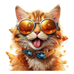 Wall Mural - funny cat with crazy wearing sunglasses on transparent background