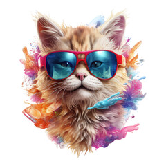 Wall Mural - funny cat with crazy wearing sunglasses on transparent background