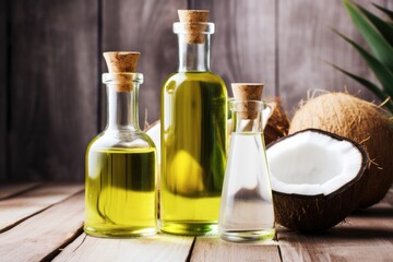 Wall Mural - healthy oils: olive, coconut, and avocado oil bottles