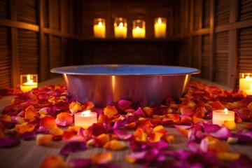 Poster - candlelit bath with colorful petals floating on top