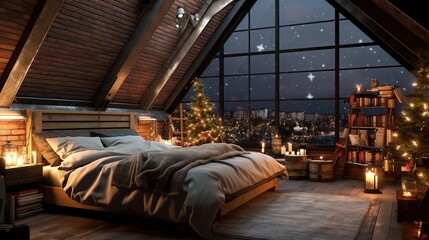 Wall Mural - modern loft-style bedroom with slanted walls, large window and decorated Christmas tree