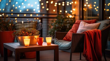 Wall Mural - a cozy porch with comfortable seats, a coffee table, and twinkling Christmas lights