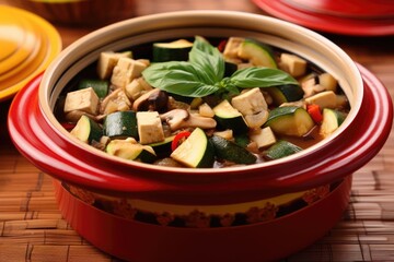 Poster - tofu stir-fry with zucchini and mushrooms in a red pot