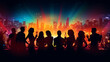 © sandsun - illustration of A throng of young people, both men and women, are having a good time in a bar, lit up by bright lights