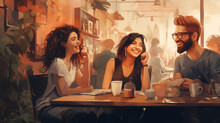 Illustration Of A Hipster Loft Cafe, Meeting Of Friends