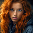 Beautiful woman with red hair and blue eyes looking at camera