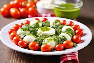 Poster - cherry tomatoes and mozzarella salad drizzled with pesto sauce