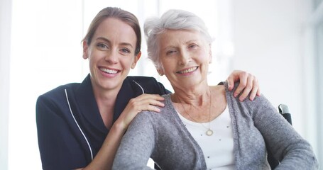 Wall Mural - Caregiver, senior woman and happy face in nursing home with wheelchair support and smile. Retirement, patient and physical therapist with female person with disability in healthcare or medical clinic