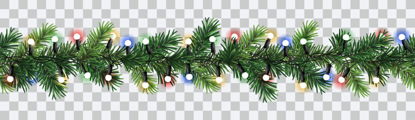 Wall Mural - vector seamless decorative christmas garland with coniferous branches and glowing colorful light cha