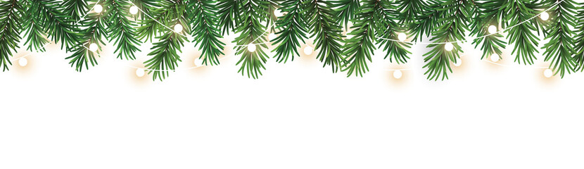 Wall Mural - seamless decorative christmas border with coniferous branches and garlands of christmas lights on tr