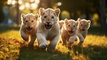 A Group Of Cute Lions Running And Playing On The Green Grass In The Park.