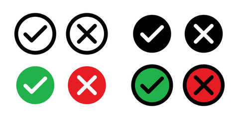 Fototapete - Tick and Cross check mark in a circle vector icon set for website design, app, ui, isolated on white background. Vector illustration.