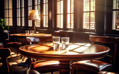 Classic wooden table with two glasses in cozy restaurant. Space for product. Elegant and select restaurant table.