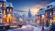 Snow-covered town with illuminated houses, decorated for holidays with towering church backdrop. Winter festive season.