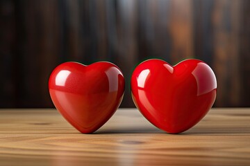 two red hearts on wooden table with bokeh background. valentine concept