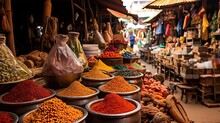 A Traditional Street Market Filled With Colorful And Tasty Spices, Generative AI