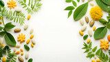 Fototapeta Londyn - Flat lay, top view Pills, medical tablets with green plants, leaves on white background,Generated Ai