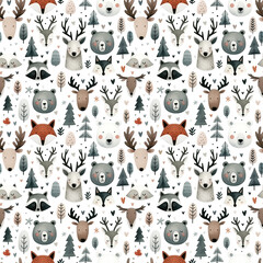 Wall Mural - Watercolor seamless pattern with woodland animals - deer, raccoons, fox and bears, along with trees and hearts
