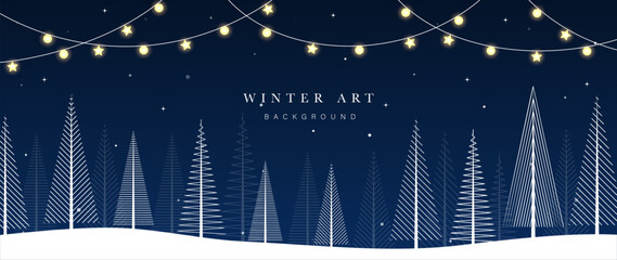 Winter festival seasonal background vector illustration. Christmas holiday event pine, snowfall, hill, decorative light, twinkling star. Design for poster, wallpaper, banner, card, decoration.