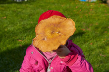 A Child With A Large Mushroom,the Little Girl Covered Her Face With A Big Mushroom