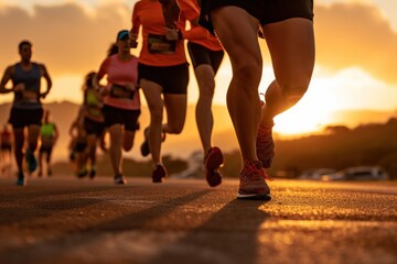 Close-up group of leg runners running on a sunrise path by the sea