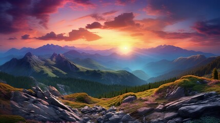 Aufkleber - Majestic sunset in the mountains landscape. HDR image