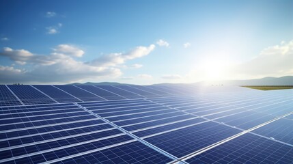 Poster - Photovoltaic modules of huge solar panels with clear blue sky and sun on background